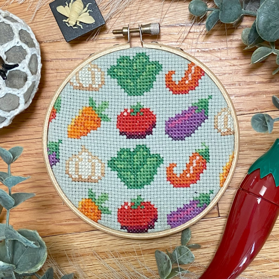 Poms & Knots Cross Stitch Kit - Veggie Platter Sampler